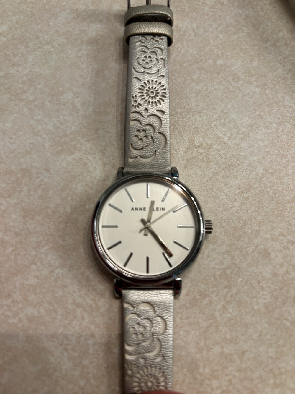 Anne Klein Silver-Tone Watch with Floral Embossed Leather Strap